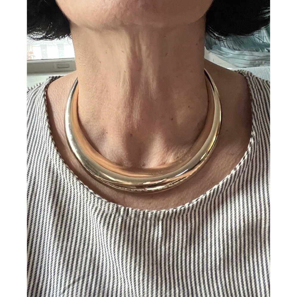 Gold Tone Collar Necklace Sculptural Crescent Bib Statement Minimalist Modern